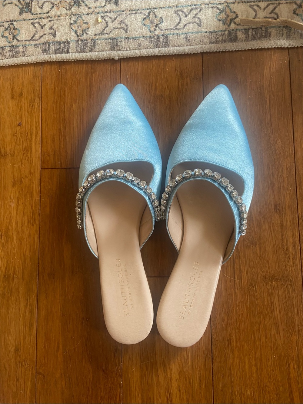 Beatusoles Blue Crystal-Embellished Pointed Mule Flats Made in Italy